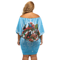 New Zealand Birds Christmas Off Shoulder Short Dress Pohutukawa Xmas Tree LT05 - Polynesian Pride