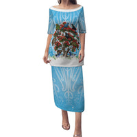 New Zealand Birds Christmas Puletasi Pohutukawa Xmas Tree LT05 Long Dress Blue - Polynesian Pride