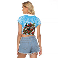New Zealand Birds Christmas Raglan Cropped T Shirt Pohutukawa Xmas Tree LT05 - Polynesian Pride