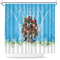 New Zealand Birds Christmas Shower Curtain Pohutukawa Xmas Tree LT05 Blue - Polynesian Pride