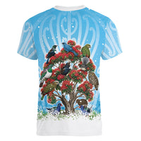New Zealand Birds Christmas Women V-Neck T-Shirt Pohutukawa Xmas Tree LT05 - Polynesian Pride