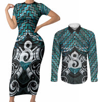 New Zealand Maori Couples Matching Short Sleeve Bodycon Dress and Long Sleeve Button Shirt Poutama Pikorua - Single Twist Paua Shell LT05 Turquoise - Polynesian Pride