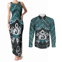 New Zealand Maori Couples Matching Tank Maxi Dress and Long Sleeve Button Shirt Poutama Pikorua - Single Twist Paua Shell