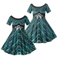 New Zealand Maori Family Matching Off Shoulder Short Dress and Hawaiian Shirt Poutama Pikorua - Single Twist Paua Shell LT05 Daughter's Dress Turquoise - Polynesian Pride