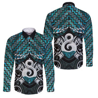 New Zealand Maori Family Matching Puletasi and Hawaiian Shirt Poutama Pikorua - Single Twist Paua Shell LT05 Dad's Shirt - Long Sleeve Turquoise - Polynesian Pride