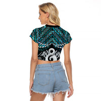 New Zealand Maori Raglan Cropped T Shirt Poutama Pikorua - Single Twist Paua Shell