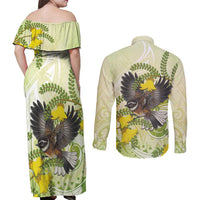 New Zealand Piwakawaka Fantail Bird Couples Matching Off Shoulder Maxi Dress and Long Sleeve Button Shirt With Kowhai Flowers