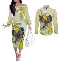 New Zealand Piwakawaka Fantail Bird Couples Matching Off The Shoulder Long Sleeve Dress and Long Sleeve Button Shirt With Kowhai Flowers