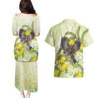 New Zealand Piwakawaka Fantail Bird Couples Matching Puletasi and Hawaiian Shirt With Kowhai Flowers