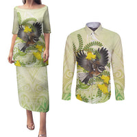New Zealand Piwakawaka Fantail Bird Couples Matching Puletasi and Long Sleeve Button Shirt With Kowhai Flowers