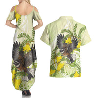 New Zealand Piwakawaka Fantail Bird Couples Matching Summer Maxi Dress and Hawaiian Shirt With Kowhai Flowers