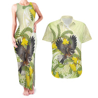 New Zealand Piwakawaka Fantail Bird Couples Matching Tank Maxi Dress and Hawaiian Shirt With Kowhai Flowers