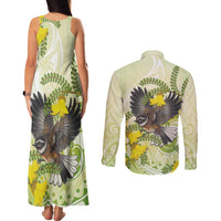 New Zealand Piwakawaka Fantail Bird Couples Matching Tank Maxi Dress and Long Sleeve Button Shirt With Kowhai Flowers