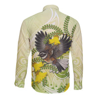 New Zealand Piwakawaka Fantail Bird Long Sleeve Button Shirt With Kowhai Flowers LT05 - Polynesian Pride