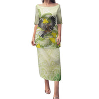 New Zealand Piwakawaka Fantail Bird Puletasi With Kowhai Flowers LT05 Long Dress Green - Polynesian Pride