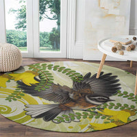 New Zealand Piwakawaka Fantail Bird Round Carpet With Kowhai Flowers