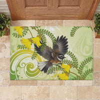 New Zealand Piwakawaka Fantail Bird Rubber Doormat With Kowhai Flowers