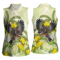 New Zealand Piwakawaka Fantail Bird Women Sleeveless Polo Shirt With Kowhai Flowers