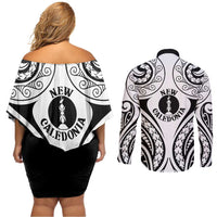 New Caledonia Day Couples Matching Off Shoulder Short Dress and Long Sleeve Button Shirt Polynesian Curves White Color - Polynesian Pride