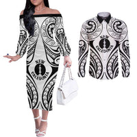 New Caledonia Day Couples Matching Off The Shoulder Long Sleeve Dress and Long Sleeve Button Shirt Polynesian Curves White Color - Polynesian Pride