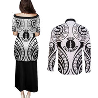 New Caledonia Day Couples Matching Puletasi and Long Sleeve Button Shirt Polynesian Curves White Color - Polynesian Pride