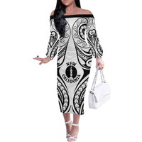 New Caledonia Day Family Matching Off The Shoulder Long Sleeve Dress and Hawaiian Shirt Polynesian Curves White Color - Polynesian Pride