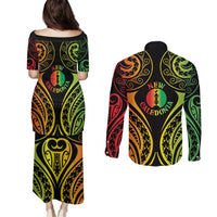 New Caledonia Day Couples Matching Puletasi and Long Sleeve Button Shirt Polynesian Curves Reggae Color - Polynesian Pride