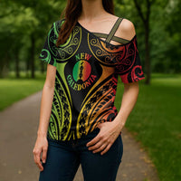 New Caledonia Day Cross Shoulder Shirt Polynesian Curves Reggae Color - Polynesian Pride