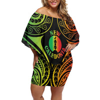 New Caledonia Day Family Matching Off Shoulder Short Dress and Hawaiian Shirt Polynesian Curves Reggae Color - Polynesian Pride