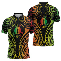New Caledonia Day Zipper Polo Shirt Polynesian Curves Reggae Color - Polynesian Pride