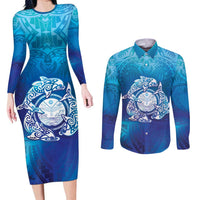 Marshall Islands Manit Day Couples Matching Long Sleeve Bodycon Dress and Long Sleeve Button Shirt Tribal Dolphin With Marshall Seal - Polynesian Pride