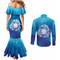 Marshall Islands Manit Day Couples Matching Mermaid Dress and Long Sleeve Button Shirt Tribal Dolphin With Marshall Seal - Polynesian Pride