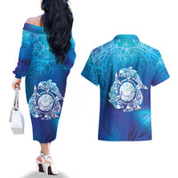 Marshall Islands Manit Day Couples Matching Off The Shoulder Long Sleeve Dress and Hawaiian Shirt Tribal Dolphin With Marshall Seal - Polynesian Pride