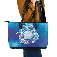 Marshall Islands Manit Day Leather Tote Bag Tribal Dolphin With Marshall Seal - Polynesian Pride