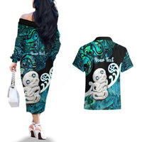 Personalized Aotearoa New Zealand Couples Matching Off The Shoulder Long Sleeve Dress and Hawaiian Shirt Paua Shell Fern Koru With Maori Hei Tiki LT05 - Polynesian Pride