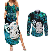 Personalized Aotearoa New Zealand Couples Matching Summer Maxi Dress and Long Sleeve Button Shirts Paua Shell Fern Koru With Maori Hei Tiki LT05 Green - Polynesian Pride