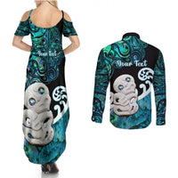 Personalized Aotearoa New Zealand Couples Matching Summer Maxi Dress and Long Sleeve Button Shirts Paua Shell Fern Koru With Maori Hei Tiki LT05 - Polynesian Pride