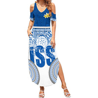 Personalized International School Suva Summer Maxi Dress With Fijian Tapa Pattern LT05 Women Blue - Polynesian Pride