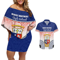 Personalized Marist Brothers High School Couples Matching Off Shoulder Short Dress and Hawaiian Shirt With Fijian Tapa Pattern LT05 Blue - Polynesian Pride