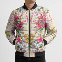 Hawaii Palaka Bomber Puffer Jacket Yellow Tribal Pattern With Tropical Flowers - Polynesian Pride