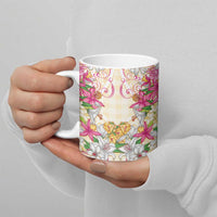 Hawaii Palaka Ceramic Mug Yellow Tribal Pattern With Tropical Flowers - Polynesian Pride