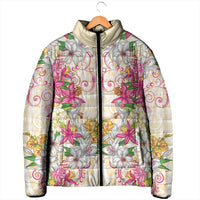 Hawaii Palaka Padded Jacket Yellow Tribal Pattern With Tropical Flowers - Polynesian Pride