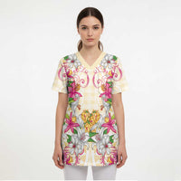 Hawaii Palaka Scrub Top Yellow Tribal Pattern With Tropical Flowers LT05 - Polynesian Pride