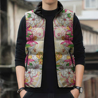 Hawaii Palaka Sleeveless Puffer Jacket Yellow Tribal Pattern With Tropical Flowers - Polynesian Pride