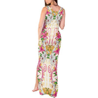 Hawaii Palaka Tank Maxi Dress Yellow Tribal Pattern With Tropical Flowers - Polynesian Pride
