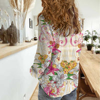 Hawaii Palaka Women Casual Shirt Yellow Tribal Pattern With Tropical Flowers - Polynesian Pride