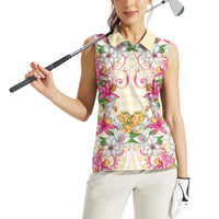 Hawaii Palaka Women Sleeveless Polo Shirt Yellow Tribal Pattern With Tropical Flowers - Polynesian Pride