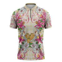 Hawaii Palaka Zipper Polo Shirt Yellow Tribal Pattern With Tropical Flowers - Polynesian Pride