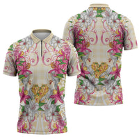 Hawaii Palaka Zipper Polo Shirt Yellow Tribal Pattern With Tropical Flowers - Polynesian Pride
