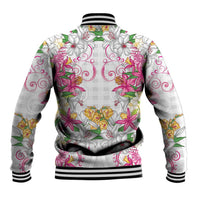 Hawaii Palaka Baseball Jacket White Tribal Pattern With Tropical Flowers - Polynesian Pride